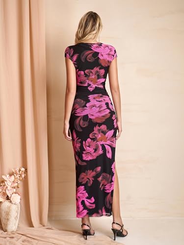 Image of HTZMO Floral Wedding Guest Ruched Bodycon Maxi Dress for Women | Cap Sleeve Slit Long Dresses, Fall Formal Cocktail Party Elegant Modest Bride Shower, Stretchy Mesh Fabric, Winter 2026
