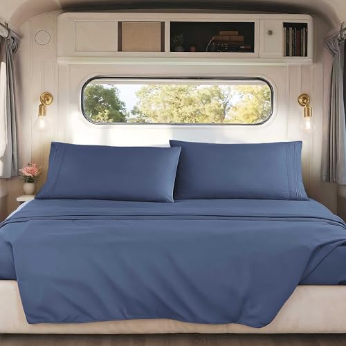 Nestl Navy Blue Short Queen Sheets for RV, Hotel Luxury RV Queen Sheets Set, 4 Piece Fitted Bed Sheet Set and Pillowcases, Super Soft, Wrinkle-Free, and Breathable Camper Bedding