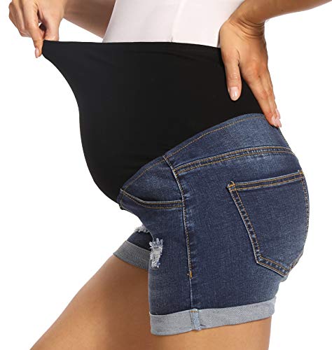 V Vocni Maternity Denim Shorts For Women High Waist Distressed Cuffed Hem Casual Denim Jeans Short Dark Blue X-Large #TOP2