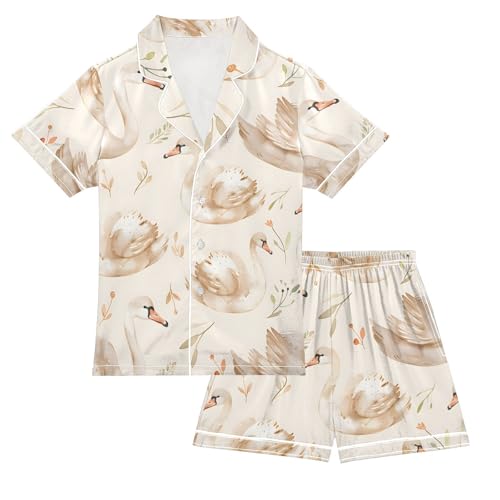 ALAZA Swan Flower Floral Pajamas Satin Pajama Set Short Sleeve Button Down Sleepwear