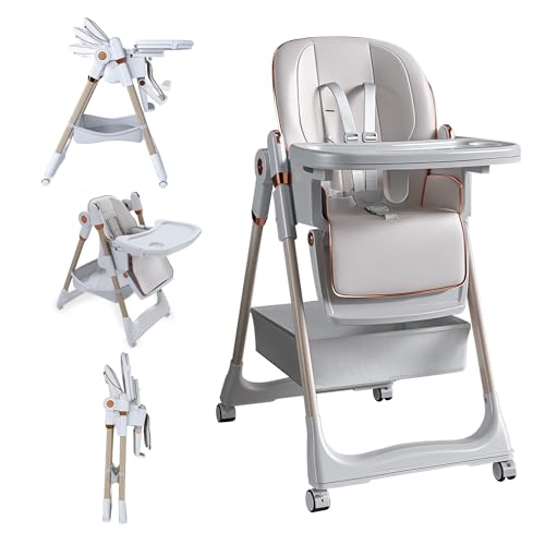 Image of 3-in-1 Foldable High Chair for Babies & Toddlers, Adjustable Height, Reclining Seat, Wheels with Safety Locks, Removable Tray, Space-Saving Multifunctional Baby Dining Chair (White)