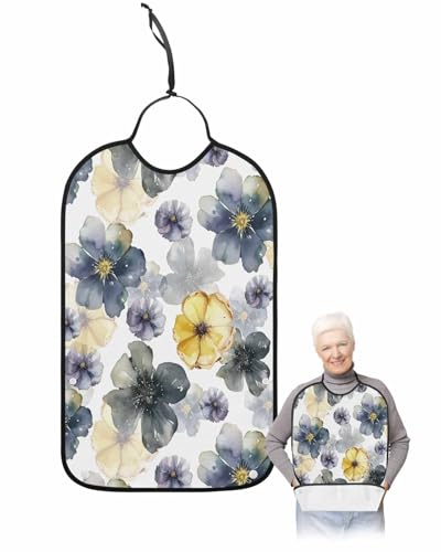 Ombre Flower Adult Bib for Eating with Crumb Catcher,Watercolor Yellow Purple Blue Green Floral Washable & Waterproof Terry Cloth Adjustable Elderly Women Men Adult Bibs Funny Apron Clothing Protector