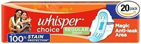 WHISPER CHOICE SANITARY PADS, 20 REGULAR PADS, UPTO 100% STAIN PROTECTION ALL DAY, WITH MAGIC ANTI LEAK AREAS, DRY TOP SHEET, WITH WINGS, DISPOSABLE PADS, For Women