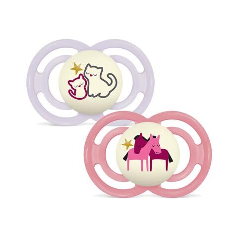 MAM Perfect Night Confezione Doppia Succhietto 16+ Mesi (Set da 2), Ciuccio MAM 16 36 mesi silicone che si illumina al buio, 2 accessori neonato per lo sviluppo orale con porta ciuccio, Rosa/Giallo