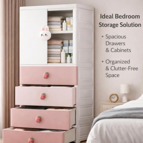 Image of Kids Plastic Collapsible Wardrobe Organizer for Storage with Drawers | Cute Cartoon Design | Heavy Duty Runner Rug Floor Mat Carpets Organizer Bedroom, Living Room (Pink Rabbit, 1+3-Door)