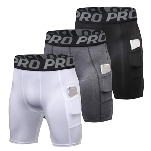 YUSHOW Pack de 3 Mallas Cortas Running Hombre, Pantalones de Compresión con 2 Bolsillos para Móvil, Secado Rápido y Alta Elasticidad, Ropa Interior Deportiva para Gym y Fútbol