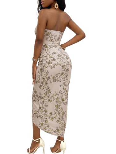 Image of Umenlele Women's Strapless Ruched High Waist Wrap Split Asymmetrical Beach Maxi Long Dress