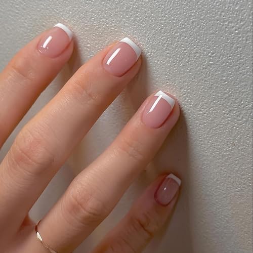 24 Piezas Uñas Postizas Cortas Cuadradas, Francesas Brillantes Uñas Falsas Borde Blanco Adhesivas Uñas, 12 Tamaños Acrílico Natural Cubierta Completa Press on Nails para Mujeres y Niñas