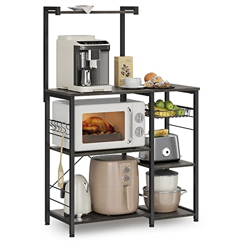 VASAGLE Baker's Rack, Microwave Stand, Kitchen Storage Rack with Wire Basket, 6 Hooks, and Shelves, for Spices, Pots, and Pans, Charcoal Gray and Ink Black UKKS035B04 Charcoal Gray + Ink Bla