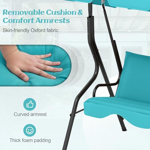 Image of Tangkula 3 Person Porch Swing, Patio with Removable Cushion & Powder-Coated Steel Frame, Outdoor Swing with Canopy for Porch, Backyard, Garden, Balcony (Turquoise)