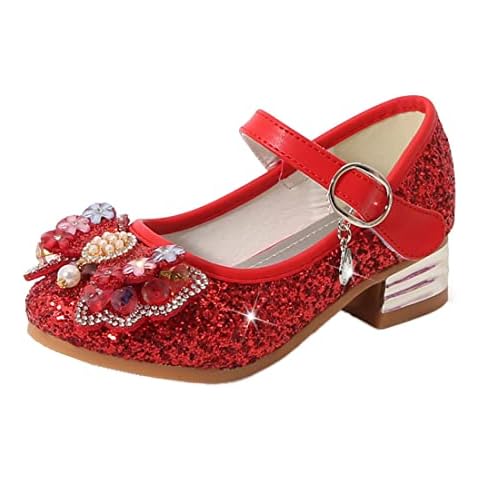 Girls Glitter Mary Jane Shoes Round Toe Rhinestone Sequins Low Heel Dress Shoes Wedding Party School Shoes for Toddler Little Kids Red Cover