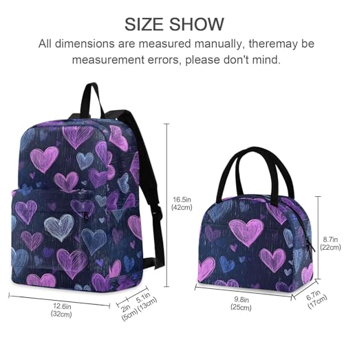 Backpack Lunch Box Set Large Capacity Travel Backpacks and Insulated Lunch Bag for Commute Hiking Picnic Heart Doodle Print2