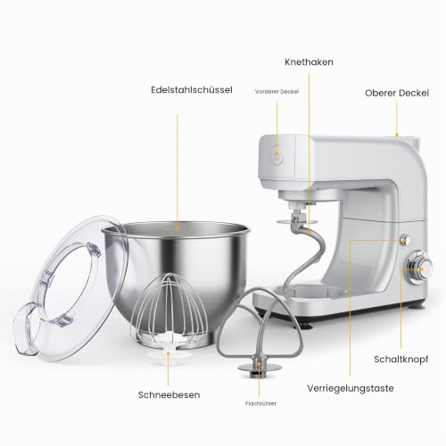Foto von Küchenmaschine Knetmaschine Rührmaschine Küchenmaschine multifunktional 6 Geschwindigkeit mit Edelstahlschüssel Teigknetmaschine mit Rührbesen, Knethaken, Schlagbesen(MEHRWEG)