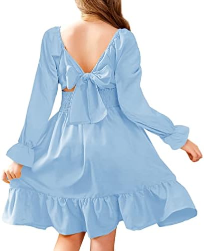 Arshiner Girls Kids Dress Long Sleeve Twirly Tie Back Casual Winter Tiered Dresses Clear Blue 8-9Y