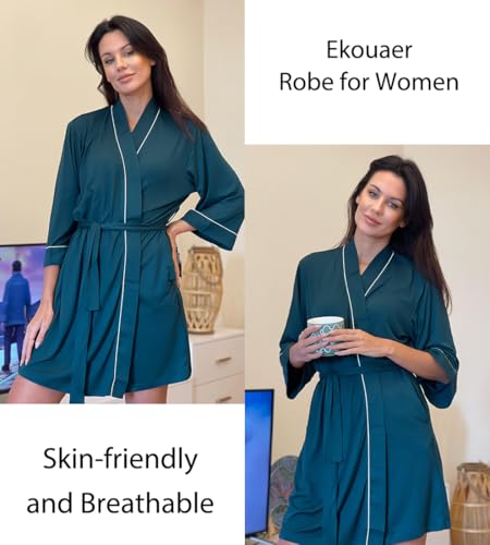 Image of Ekouaer Women Kimono Robes Knee Length Knit Bathrobe Lightweight Soft Sleepwear V-neck Casual Ladies Loungewear