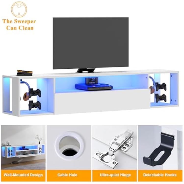 SogesPower Floating TV Stand Wall Mounted with Lights,LED TV Stand Floating Entertainment Center with Storage for Bedroom Living Room,Modern Floating Shelf for Under TV,White 55