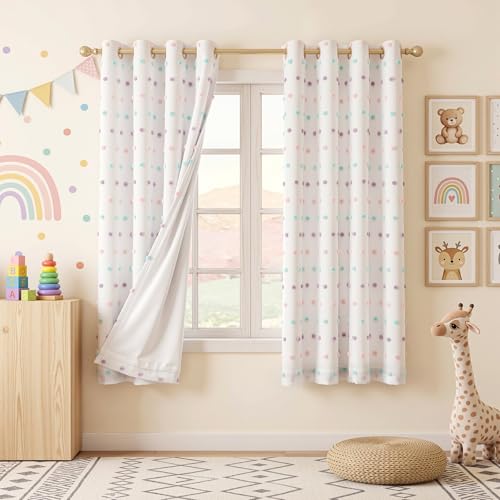 MEETSKY Kids Blackout Curtains for Girls Bedroom 63 Inches Nursery Curtains with Rainbow Pom Pom Sheer Room Darkening Window Drapes for Living Room Grommet Set of 2 52 W x 63 L