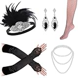 Mukum Great Gatsby Roaring1920s Flapper Costume Accessories Set for Women with Feather Headpiece Beaded Necklaces Earrings Sleeve Cover Net Socks for Costume Party - Black