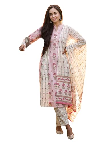 Image of INDO ERA Women's Pure Cotton Floral Printed Beads and Stones Work Kurta & Pant with Dupatta Set (IEAI13104)
