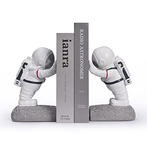 Kakizzy Book End Holder, Astronaut Bookends Outer Space Themed Astronaut Figurine Decorative Book Stoppers to Hold Books Heavy Duty Bookshelf Ends for Kids Rooms Space Decor Bookends (A-Silver Color)