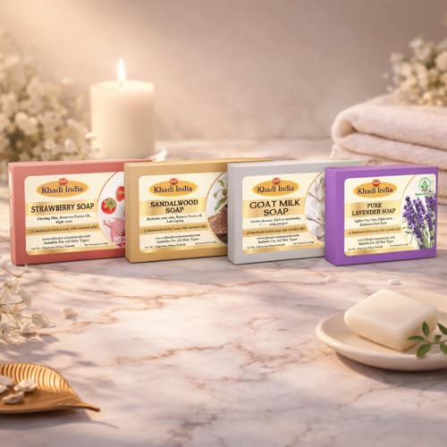 Image of Khadi Organic and Natural Handmade Bathing Soap for Men & Women | Assorted Herbal & Chemical-Free Face and Body Soap for Gentle Cleansing & Healthy Skin (Assorted Natural Bath (Pack of 5))