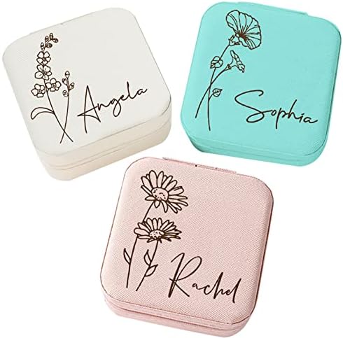 Corissy Personalized Jewelry Box for Women, Custom Travel Jewelry Case with Name and Birth Flower, Leather Jewelry Box for Rings, Earrings, Necklaces, Personalized Gifts for Women