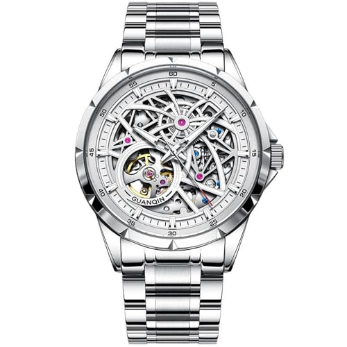 Guanqin Orologio da polso da uomo, stile vintage, automatico, con meccanismo a carica automatica, con zaffiro, doppio lato, cavo, impermeabile, luminoso, elegante orologio da polso in acciaio inox