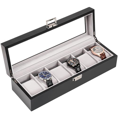 ProCase Wooden Watch Box for Men, 6 Slot Watch Display Case Mens Watch Box Organizer, Wood Watch Case for Men Watch Storage, Father's Day Gift Watch Holder Organizer with Glass Lid -MatteBla