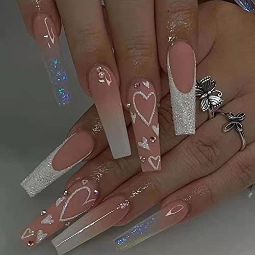 Hkanlre French Pink Press on Nails Coffin Long Heart Fake Nails Flower Full Cover Ballerina Shiny False Nails for Women and Girls 24PCS