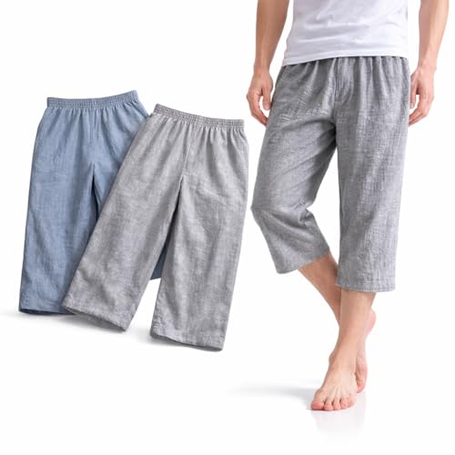[vantann] [バンタン] 2色セット ステテコ メンズ 綿100％ 7分丈 楊柳クレープ生地 涼しい 夏用 ルームパンツ 部屋着 吸汗速乾 通気性 前開き 杢黒 杢グレー 紳士 男性用(L 杢カラー2色組)