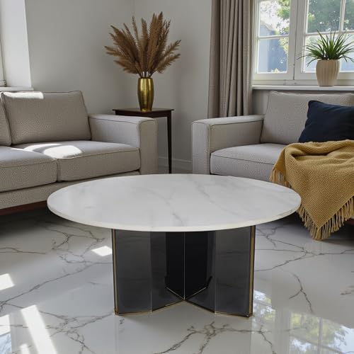 Image of The Attic Tristar Round Coffee Table with Marble Finish, Modern Center Table for Living Room & Lounge