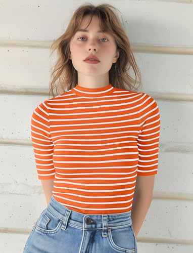 Zengjo Short Sleeve Turtleneck Women Striped T Shirt,Ribbed Mock Neck Top3