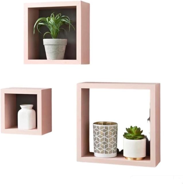 PaMeer Set Of 3 Contemporary Floating Cube Shelves, Bedroom Shelfs For Walls, Decorative Wall Mounted Bookcase Perfect Wall Box Shelf For Books & Decorative Ornaments_ Blush