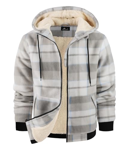 Image of Mens Plaid Hoodies Winter Zip Up Fleece Jacket Sherpa Fleece Lined Warm Flannel Jacket Coat