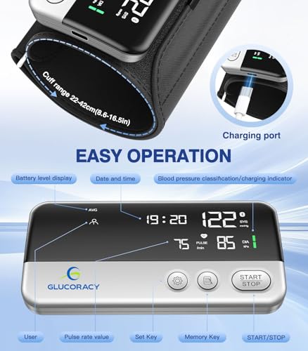 Image of Glucoracy Arm Blood Pressure Monitor for Home Use,Large Display,Silver | Portable One-Piece Blood Pressure Machine with Large Display and Adjustable 10.6 inch-16.5 inch Arm Cuff for Home Use