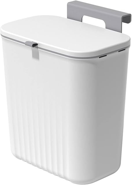 Bncxdc Kitchen Bin, Bin, Kitchen Waste Bin with Cover, Home Recycle Hanging Trash Can, Wall Mounted Rubbish Bin for Home Kitchen Cabinet Bathroom Office, 9.5 Litres Under Kitchen Counter Bin, White