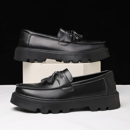 Image of Men's Black Soft Patent Leather Platform Chunky Heel Loafers Fashion Tassel Business Casual Formal Work Shoes Non-Slip Lug Sole Slip-On Penny Loafers