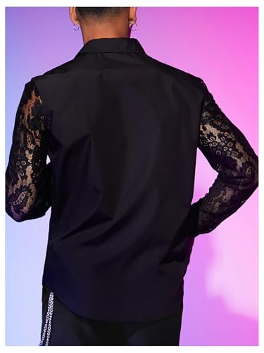 WDIRARA Men's Floral Lace Button Down Shirt See Through Long Sleeve Collared Top Sexy Clubwear2