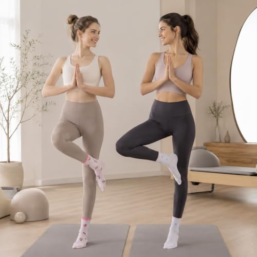 Image of Toes Home Pilates Socks for Women with Non Slip Grippers, Yoga Crew Socks for Barre Hospital Sticky Slipper Socks 4 Pairs