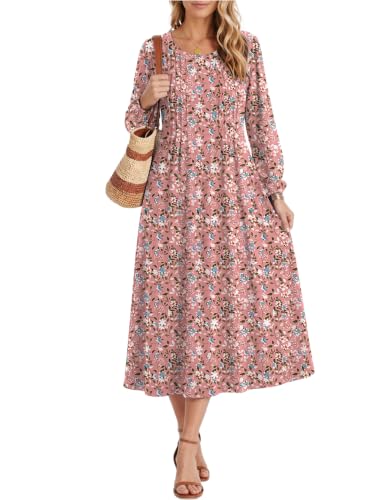 Image of Zeagoo Fall Dresses for Women Long Sleeve Midi Dress Casual A Line Dresses 2026 Pleated Flare Dress with Pockets