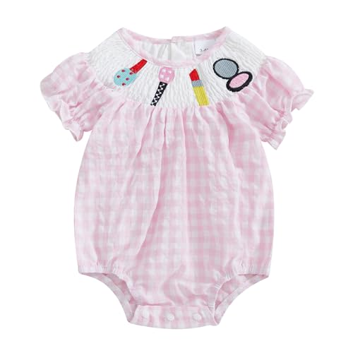 Image of FIOMVA Toddler Baby Girl Clothes Summer Smocked Romper Bow Embroidery Bubble Onesie Short Sleeve Cute Bodysuit Outfits
