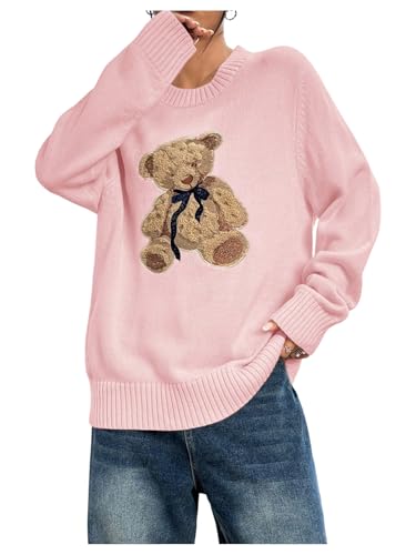 GORGLITTER Womens Teddy Bear Sweater Long Sleeve Cute Crew Neck Chunky Cozy Fall Trendy 2025 Knit Pullover Tops Pink Small