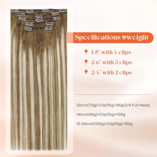 Image of Sunny Hair Clip in Hair Extensions Real Human Hair Brown Ombre Balayage | Straight Clip in Hair Extensions Light Brown Balayage Platinum Blonde Short, Temporary Highlights for a Beach 12 Inch 85g