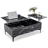 COSVALVE Lift Top Coffee Table with Hidden Storage Compartment, Marble Surface Two Side Lift Tabletop Dining Table Work Bench for Living Room, Reception, Home Office, Modern Black