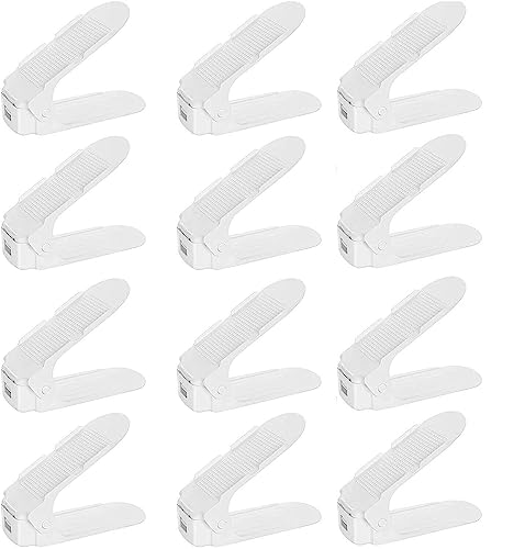 12pcs Adjustable Shoe Slots Organisers Wardrobe Stacker Space Saver Rack Holder Non-slip (White)