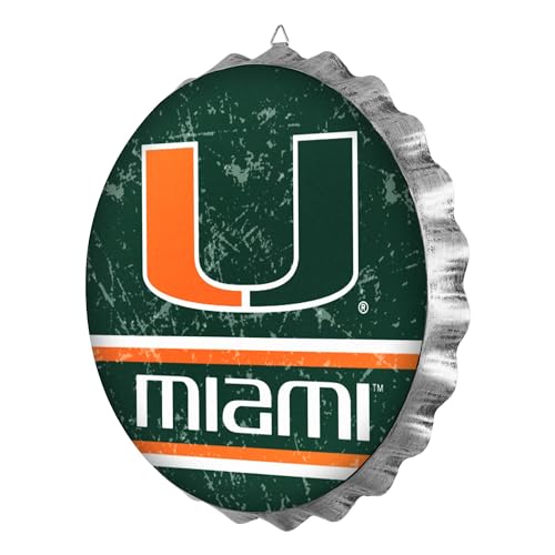 FOCO Miami Hurricanes 13” NCAA Metal Bottlecap Wall Sign, 13 Inch — Distressed Vintage Style, Officially Licensed