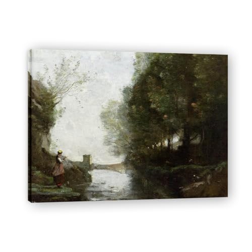 Tableau paysage français sur toile avec cours d'eau et tour carrée cadre 80x104cm