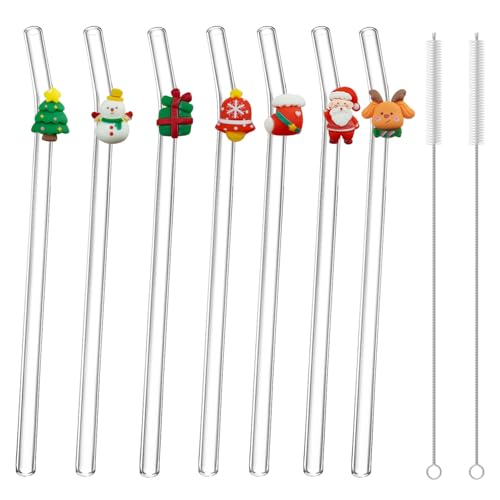7Pcs Christmas Glass Straws Glass Straws With Charms Lncludes 2 Nylon Brushes Suitable For All Kinds Of Beverages
