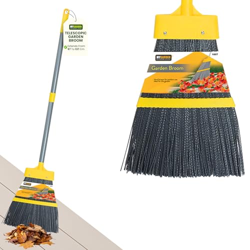 My Garden Broom 137cm Extendable Outdoor Brush Telescopic Broom Heavy Duty Stiff Brush for Outdoor Sweeping – Patio Brooms with Rust Resistant Pole & Firm Grip Handle