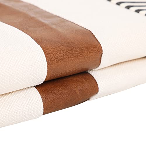 Jasen Set Of 2 Farmhouse Stripe Patchwork Linen Throw Pillow Covers, Brown Faux Leather Modern Decorative Pillow Covers For Sofa Bedroom Living Room 18X18 Inch #TOP3